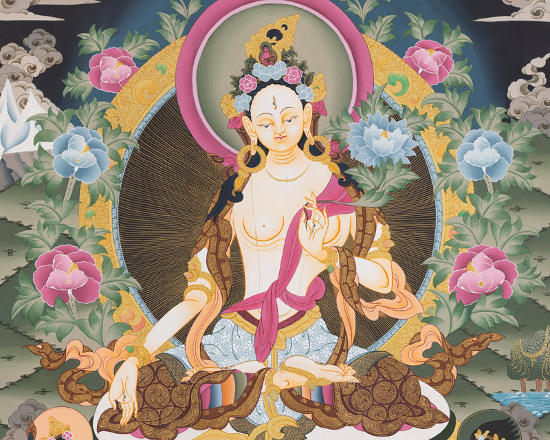 White Tara Thangka Painting | Female Bodhisattva Art | Religious Wall Art