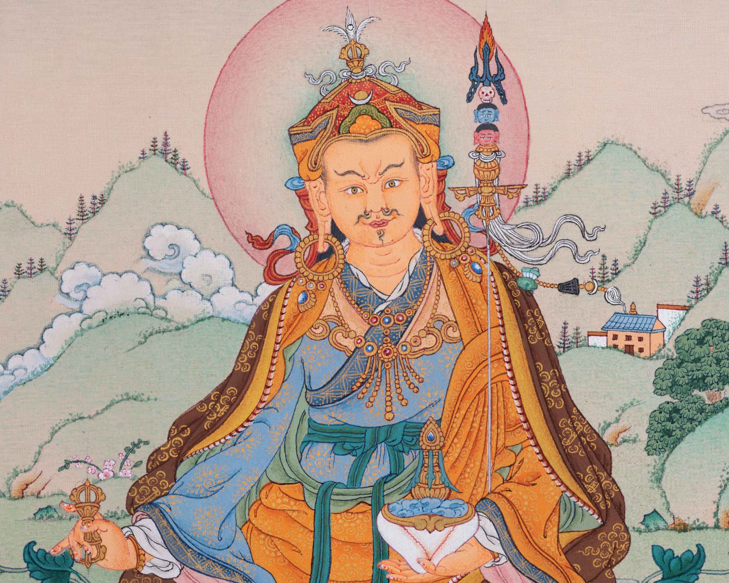Traditionally Hand-Painted Guru Rinpoche Mantra Thangka | Tibetan Lotus Born Master Art For Prayers