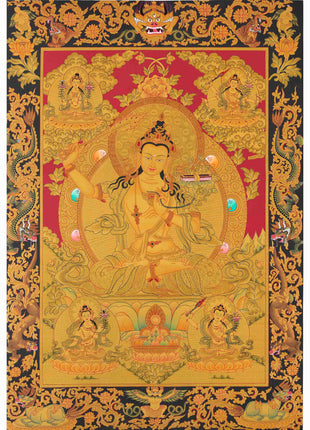 Full 24K Gold Manjushree Thangka | Bodhisattva Of Wisdom