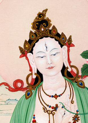 White Tara Thangka | Traditional Tibetan Stone Color White Tara Painting
