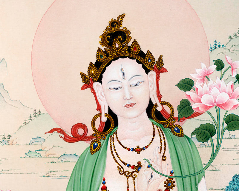 White Tara Thangka | Traditional Tibetan Stone Color White Tara Painting