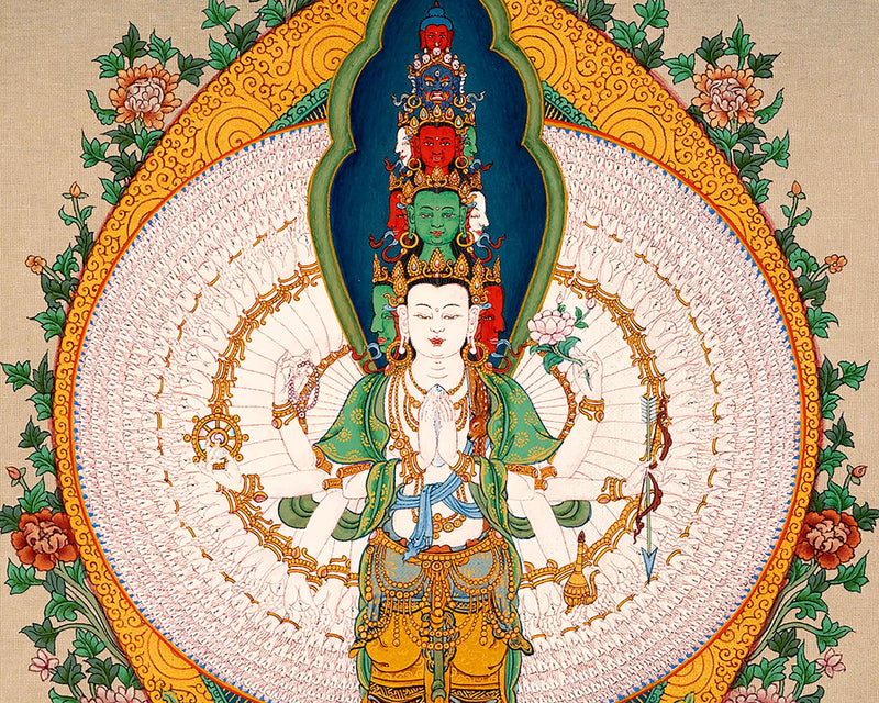 Traditionally Hand-Painted Chenrezig 1000 Arms Thangka | Himalayan Buddhist Sacred Art