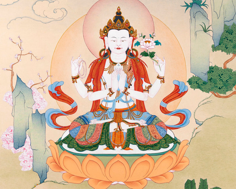 Four-Armed Chenrezig Thangka | Tibetan Bodhisattva Art