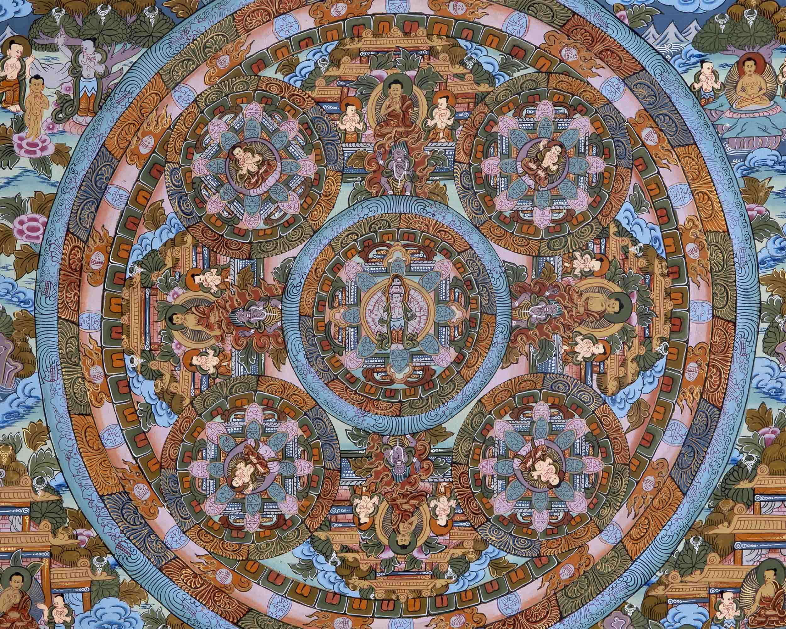 Hand-Painted Mandala Thangka With Brocade | Wall Decor Painting