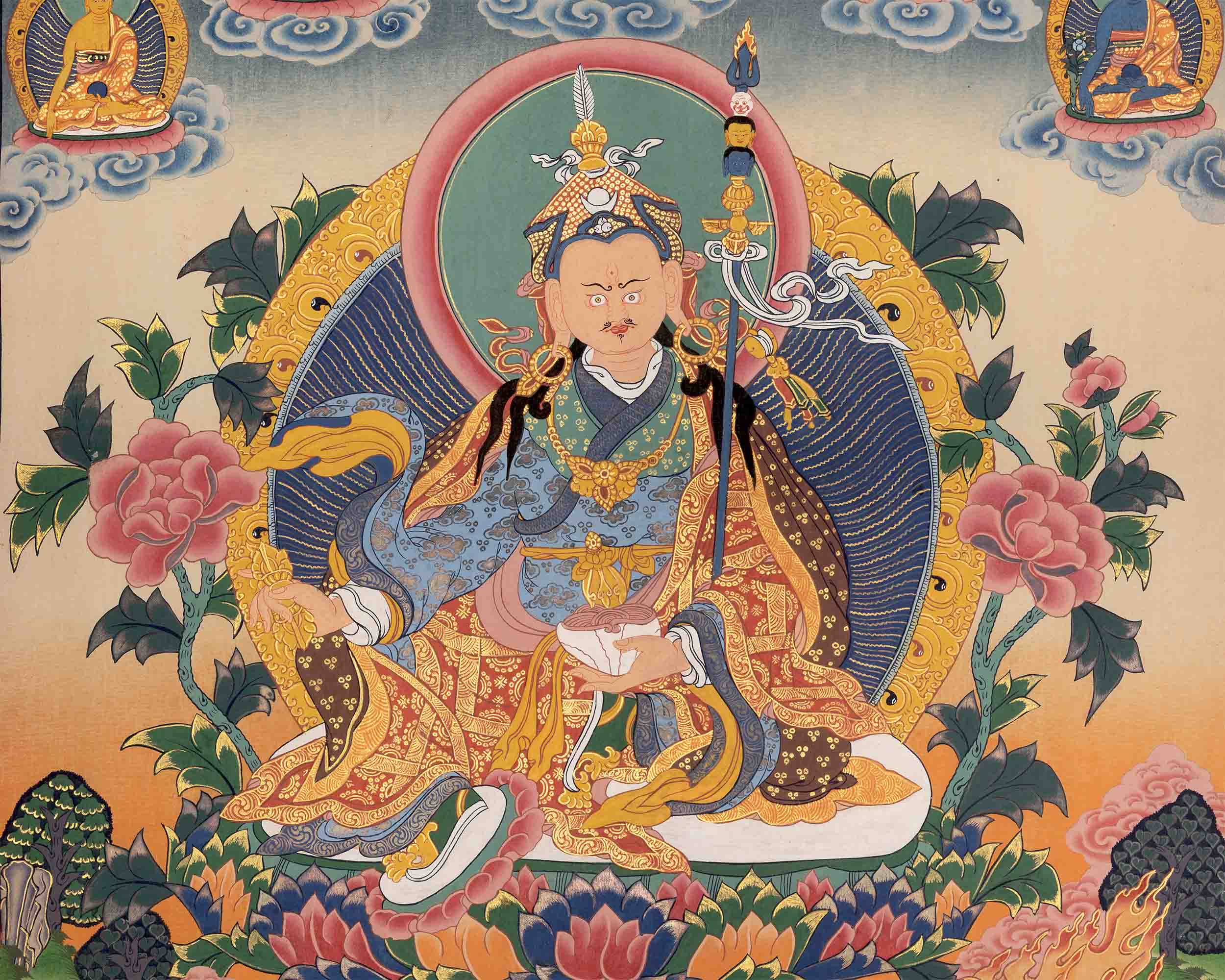 Handpainted Guru Rinpoche Surrounded By Dhyani Buddha Traditional Thangka |  Meditation And Yoga