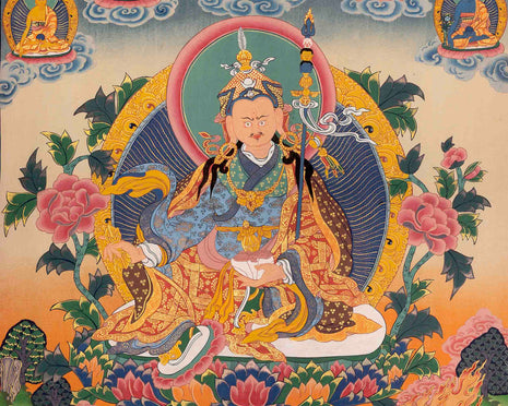 Handpainted Guru Rinpoche Surrounded By Dhyani Buddha Traditional Thangka |  Meditation And Yoga