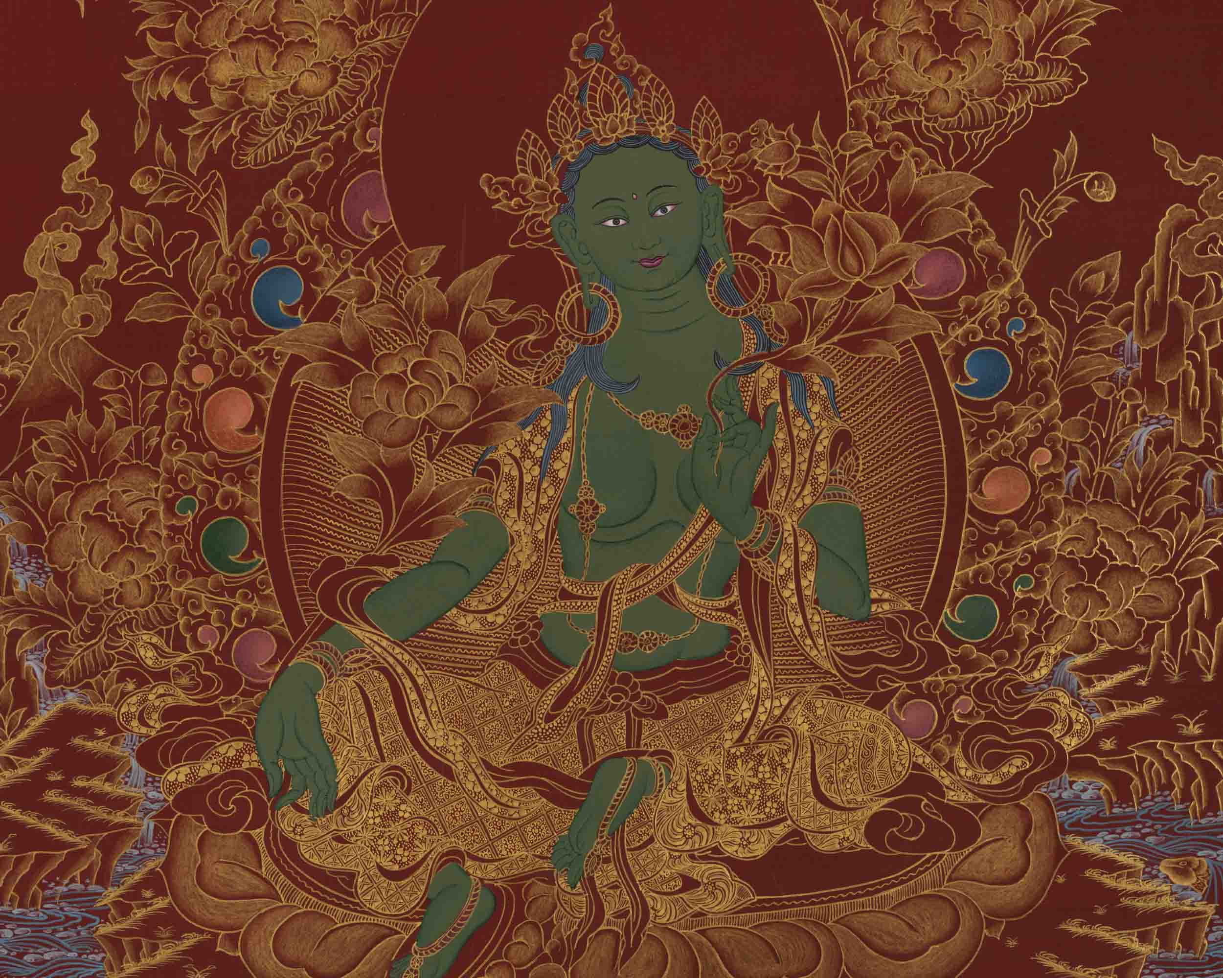 Original Green Tara Thangka | 24K Gold Style Artwork | Wall Decors