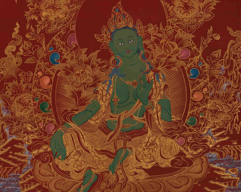 Original Green Tara Thangka | 24K Gold Style Artwork | Wall Decors