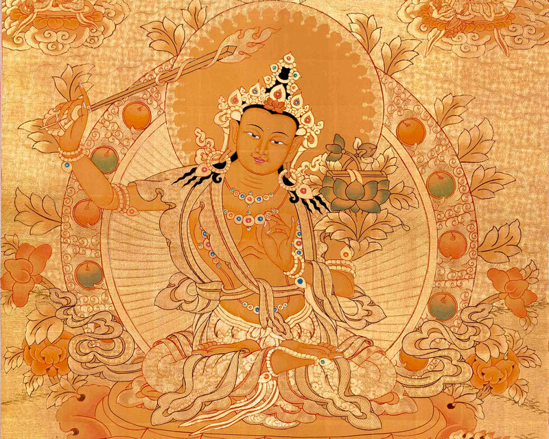 24K Gold Manjushree Thangka | Tibetan Buddhist Bodhisattva Art