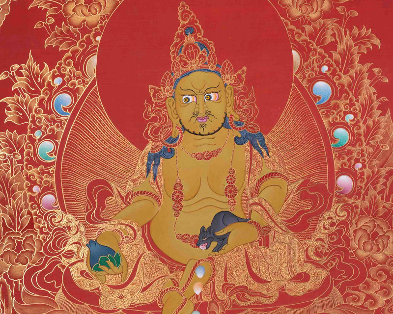 Red And Gold Painted Dzambala Thangka | Hand-Painted Deity Of Wealth