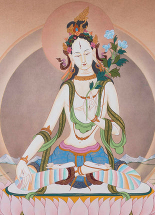 White Tara Thangka | Religious Buddhist Artwork | Wall Hanging Decoration