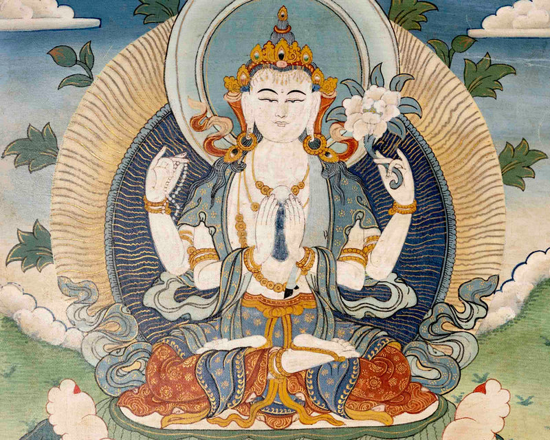 Avalokiteshvara Chengrezig Thangka | Religious Boddhisattva Art | Buddhist Gift