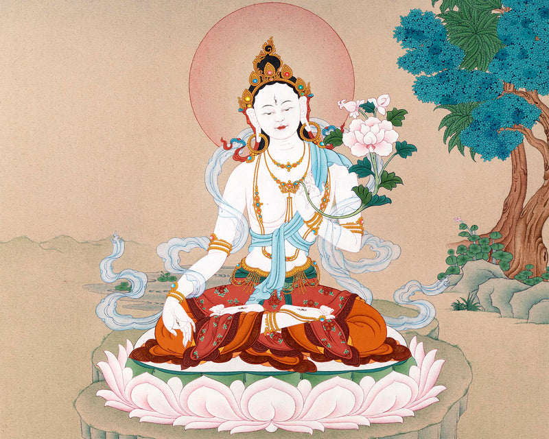 White  Tara Thangka | Tibetan painting in 24k Gold