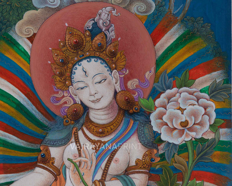 White Tara Goddess Buddhism Thangka Print For Prayers | The Female Buddha Art Canvas