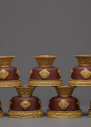 Handcarved Copper Alloy 4.3" Tibetan Buddhist Offering Bowls Set from Nepal