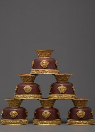 Handcarved Copper Alloy 4.3" Tibetan Buddhist Offering Bowls Set from Nepal
