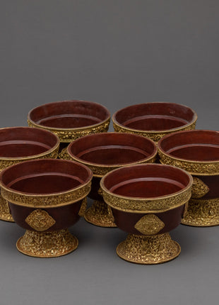 Handcarved Copper Alloy 4.3" Tibetan Buddhist Offering Bowls Set from Nepal