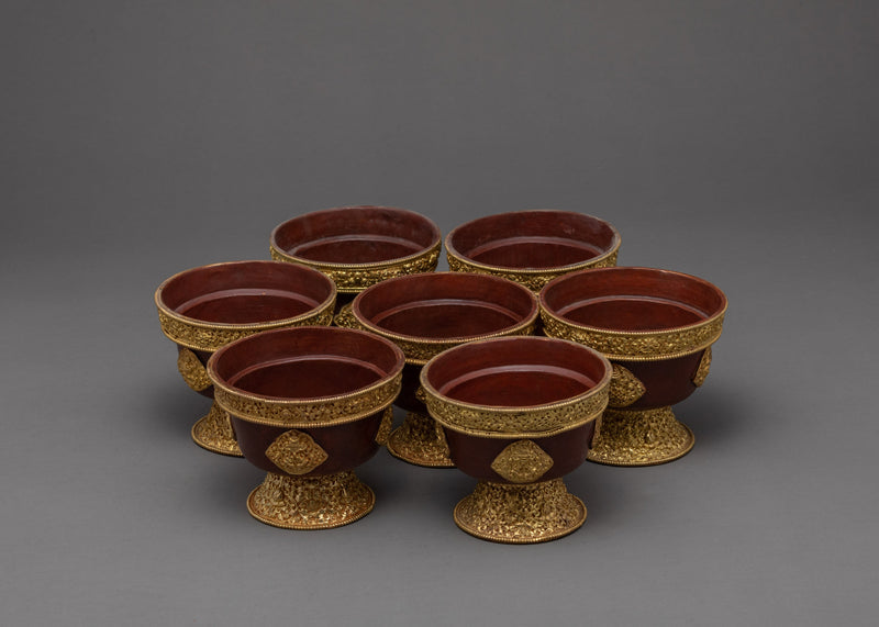 Handcarved Copper Alloy 4.3" Tibetan Buddhist Offering Bowls Set from Nepal