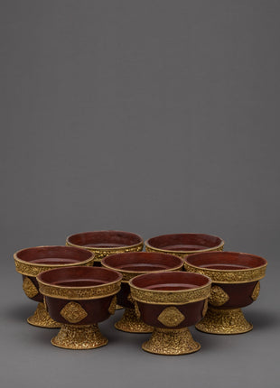 Handcarved Copper Alloy 4.3" Tibetan Buddhist Offering Bowls Set from Nepal