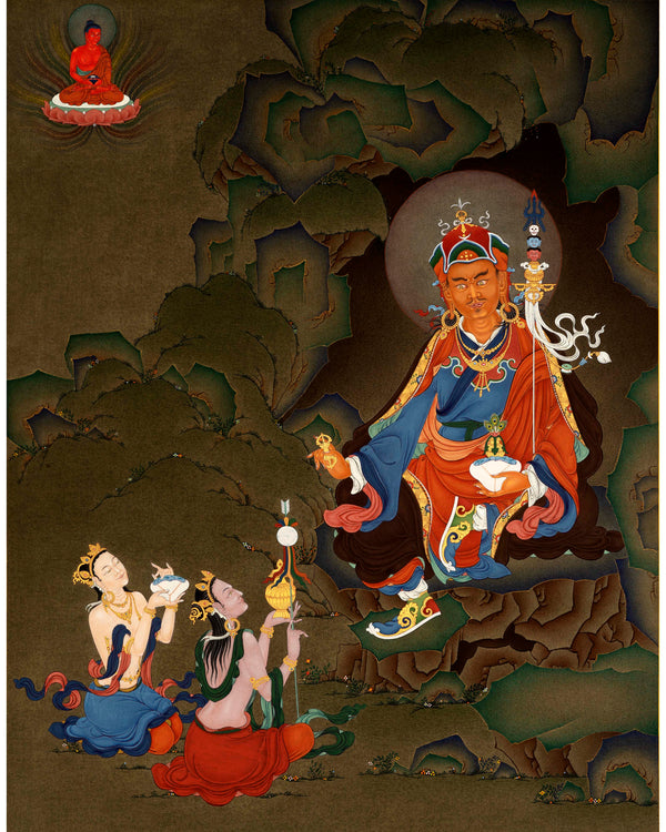 Guru Rinpoche with Consorts| Traditional Hand Painted Buddhist Art