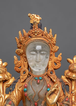 Green Tara Crystal Statue | Handcarved Religious Art | Traditional Decor