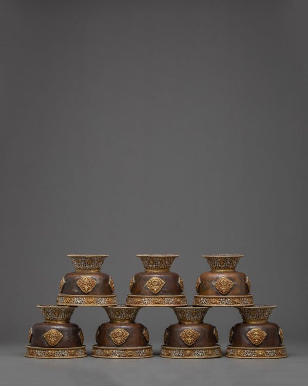 Seven Puja Bowls Set with Exquisite Handcarvings | Gold and Silver Plated