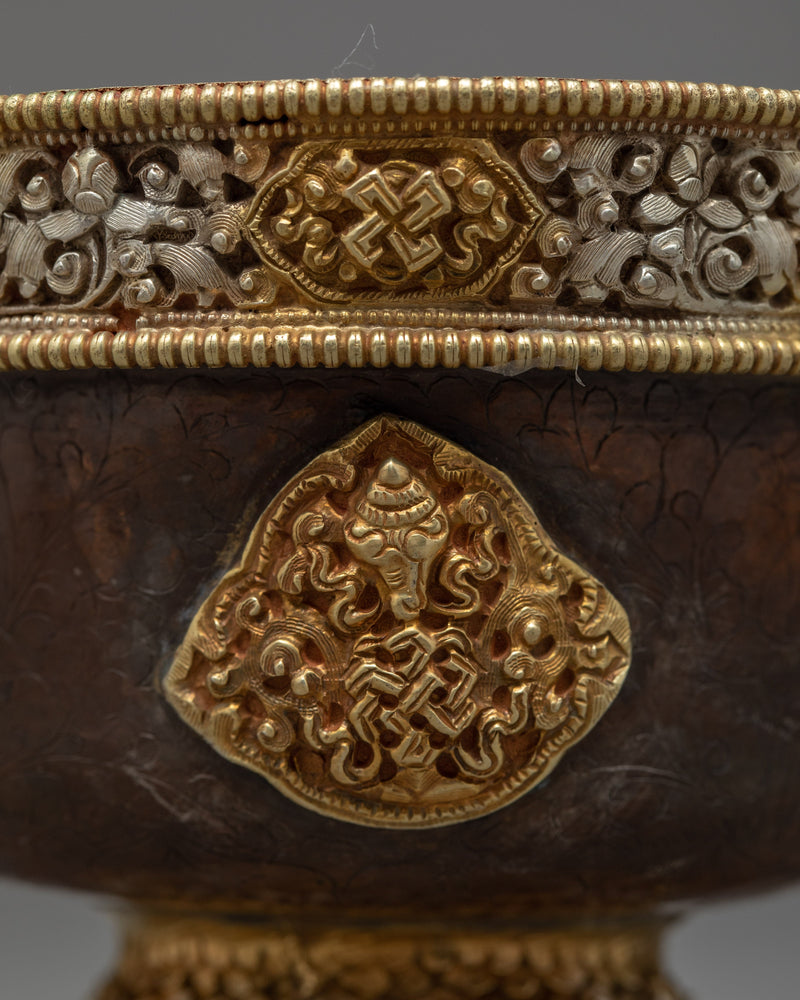 Seven Puja Bowls Set with Exquisite Handcarvings | Gold and Silver Plated