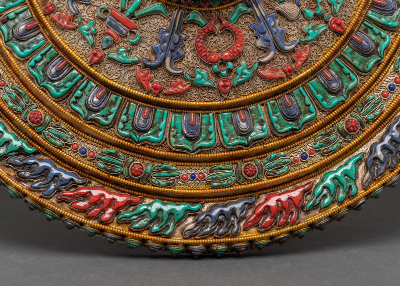 Filigree Mahakala Mandala | Tibetan Copper Inlaid with Gemstones | Wall Hanging