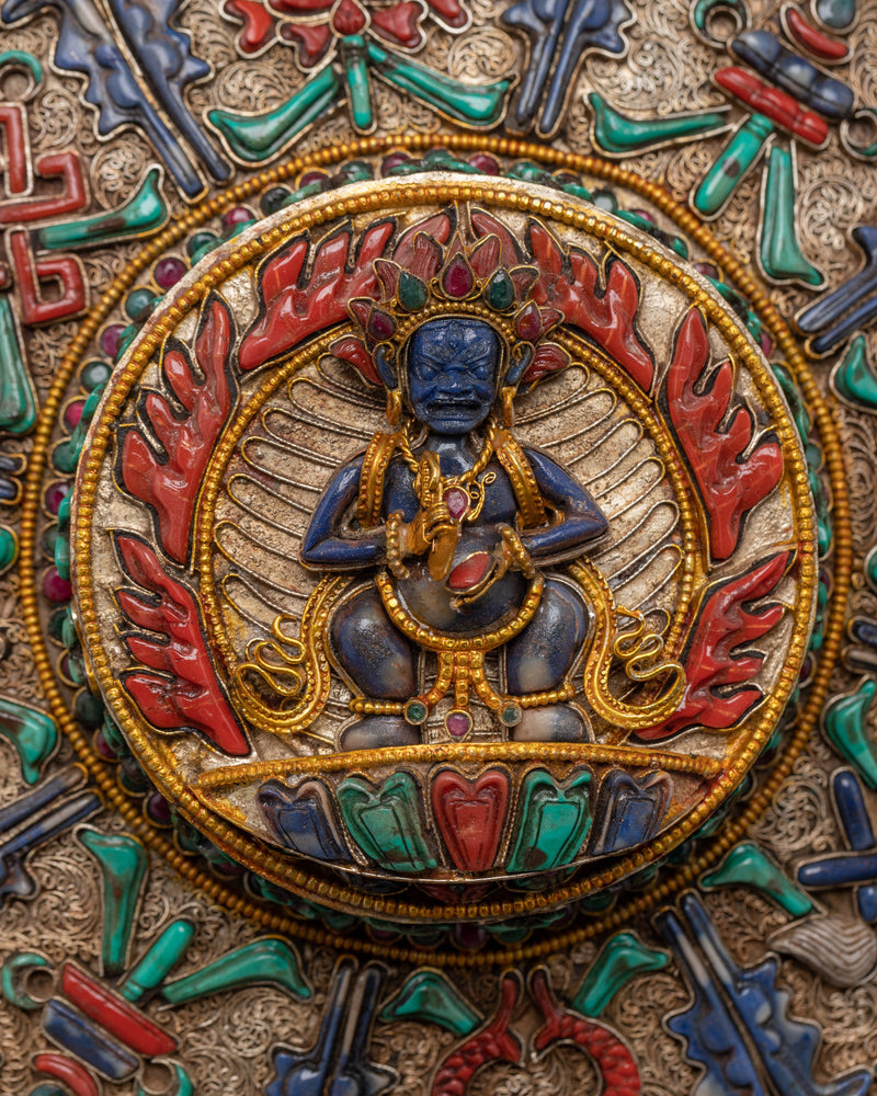 Filigree Mahakala Mandala | Tibetan Copper Inlaid with Gemstones | Wall Hanging
