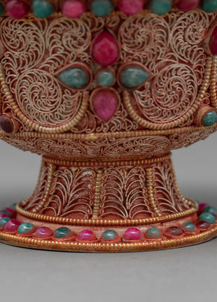 Water Purification Bowl | Copper Handmade Filigree with Semi-precious Stone Inlays | Ritual Item