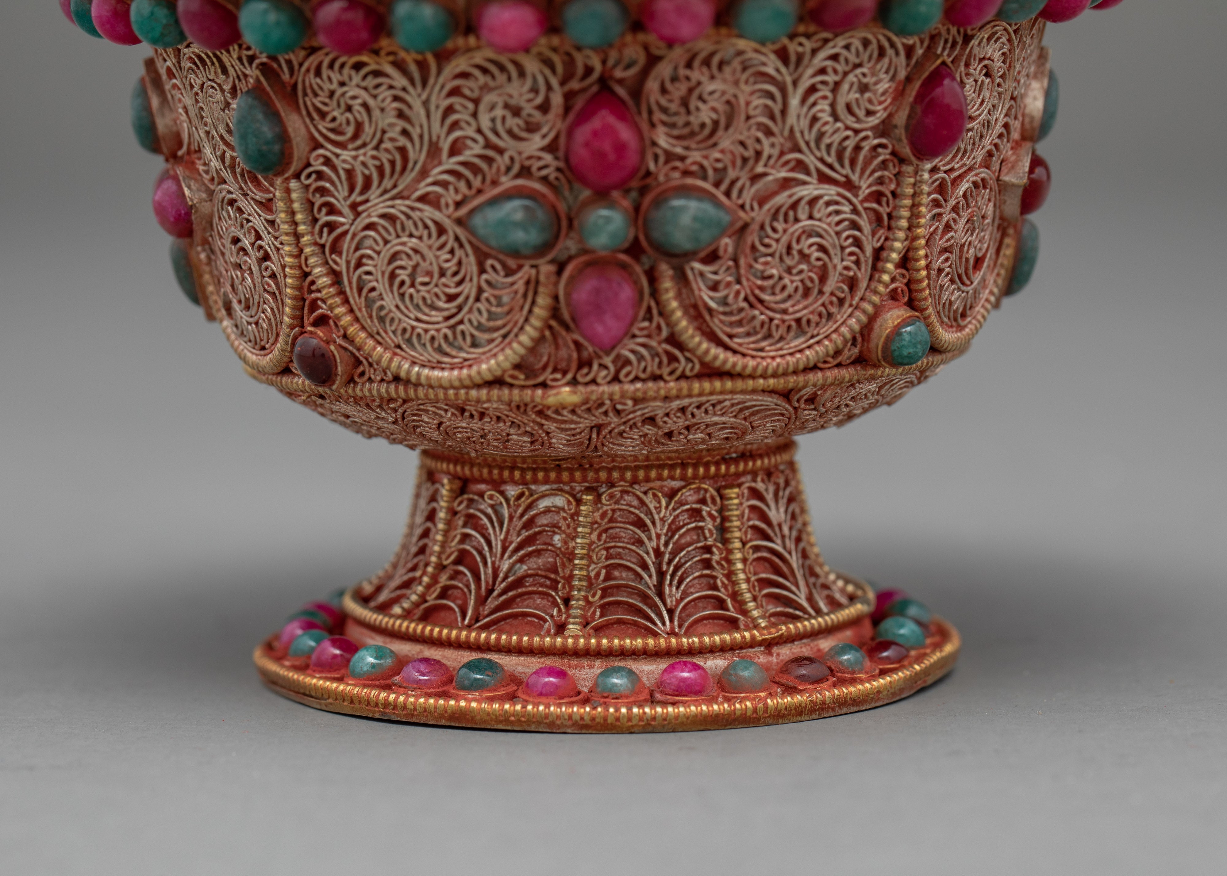 Water Purification Bowl | Copper Handmade Filigree with Semi-precious Stone Inlays | Ritual Item