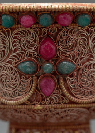 Water Purification Bowl | Copper Handmade Filigree with Semi-precious Stone Inlays | Ritual Item
