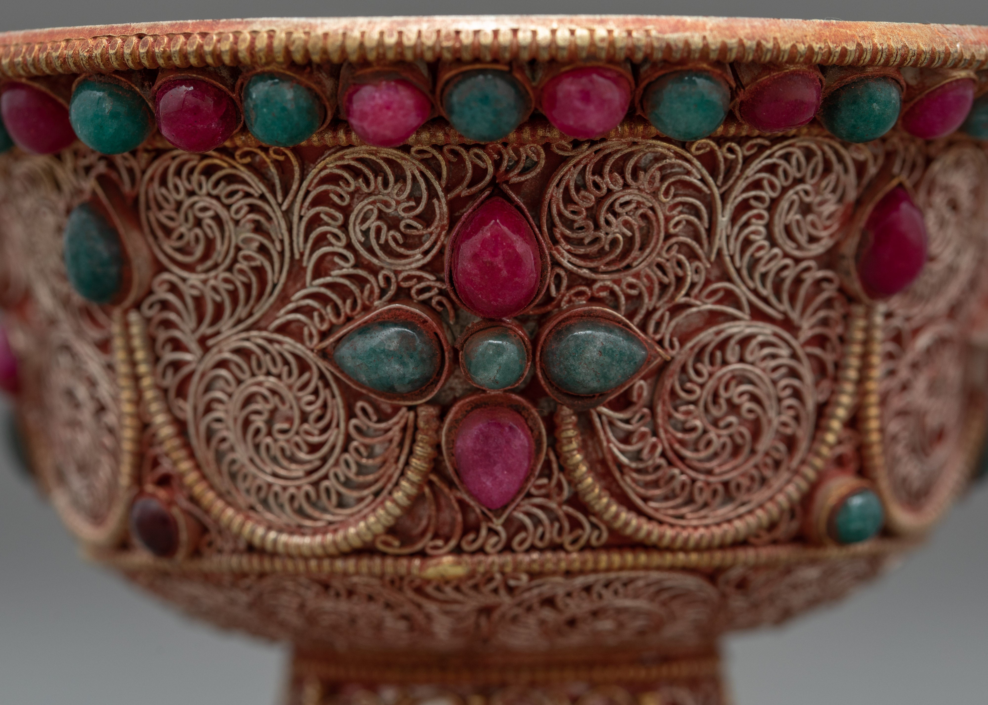 Water Purification Bowl | Copper Handmade Filigree with Semi-precious Stone Inlays | Ritual Item