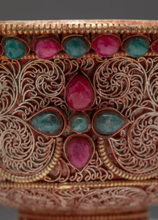 Water Purification Bowl | Copper Handmade Filigree with Semi-precious Stone Inlays | Ritual Item