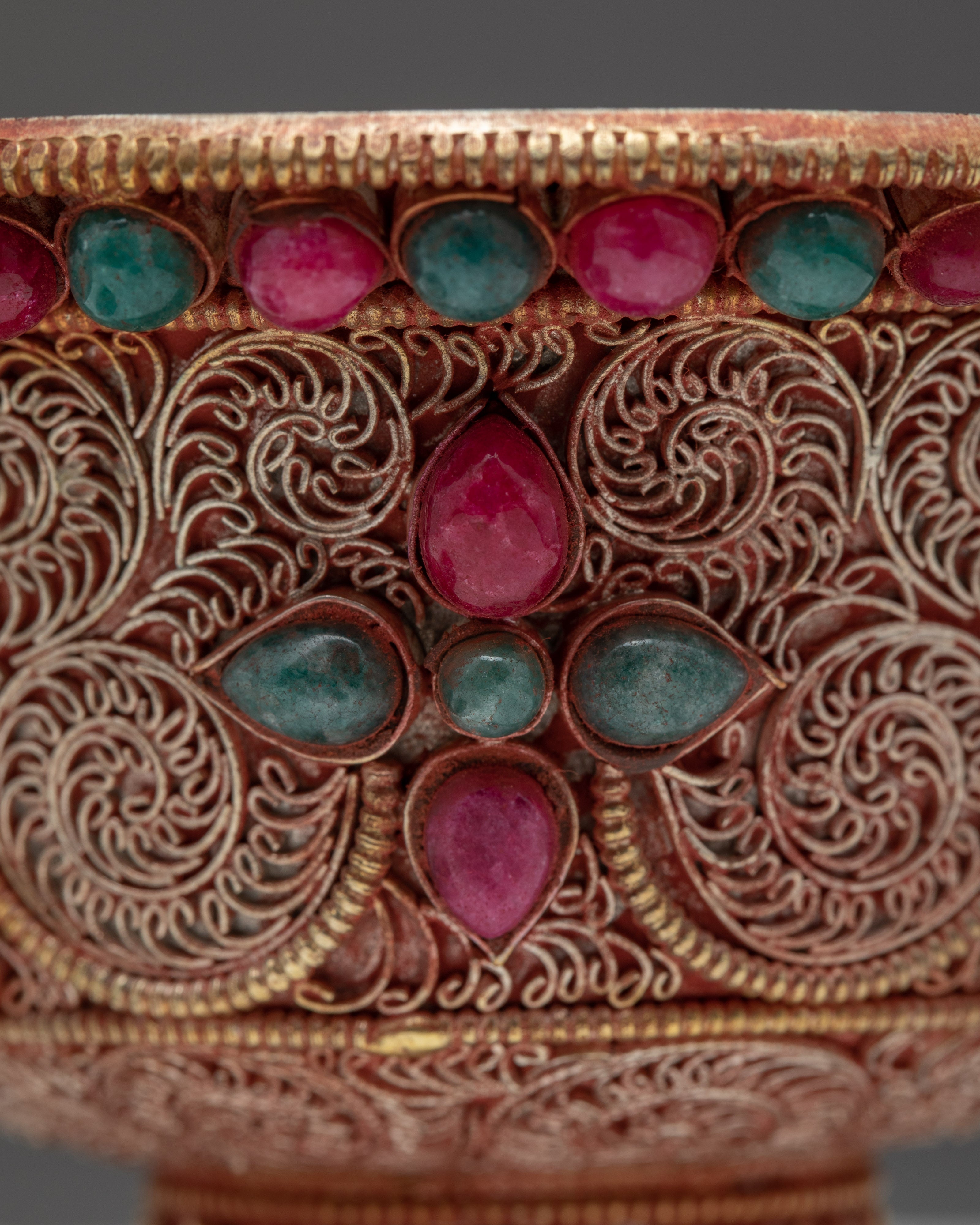 Water Purification Bowl | Copper Handmade Filigree with Semi-precious Stone Inlays | Ritual Item
