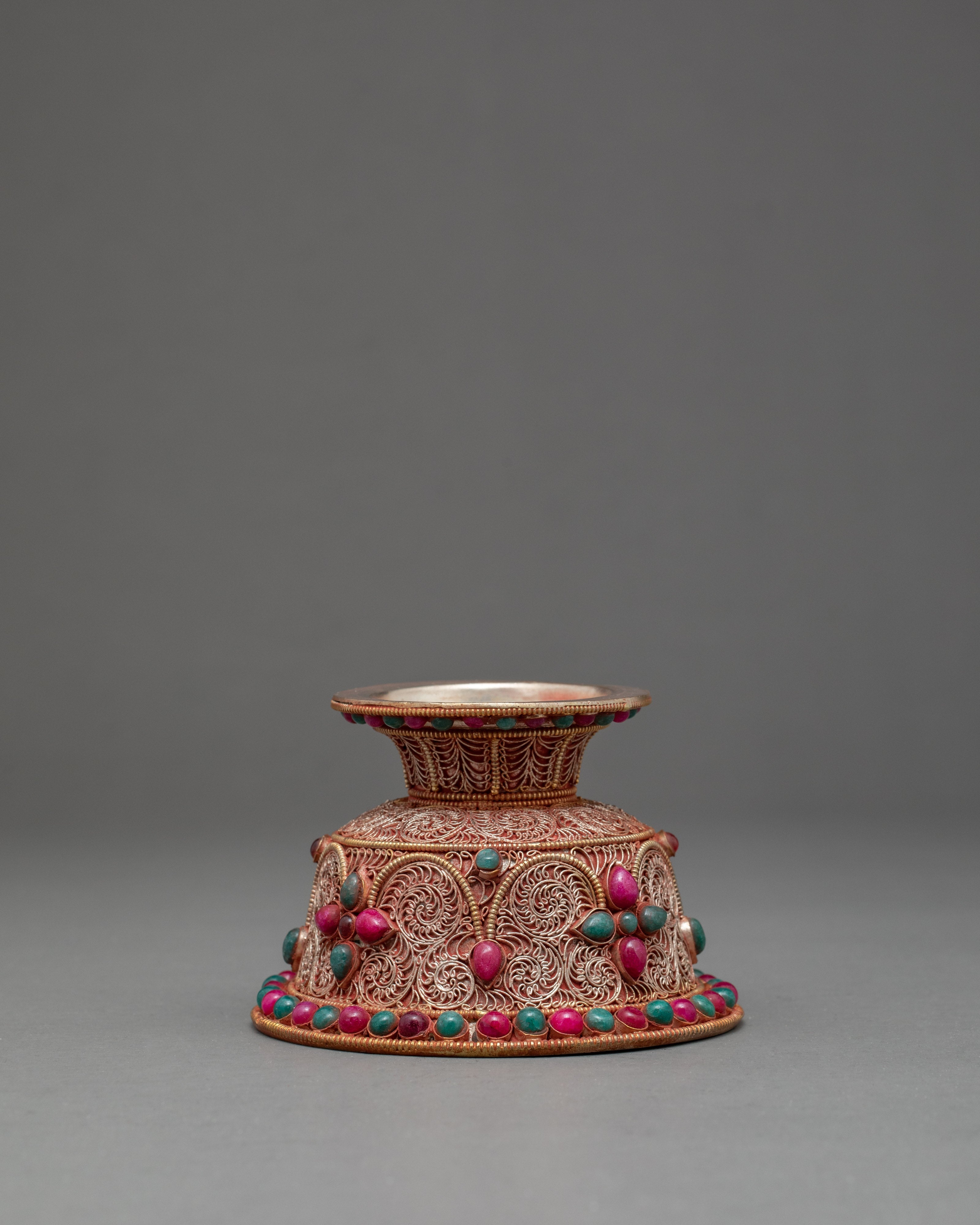 Water Purification Bowl | Copper Handmade Filigree with Semi-precious Stone Inlays | Ritual Item