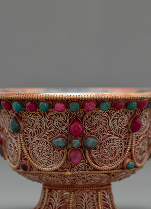 Water Purification Bowl | Copper Handmade Filigree with Semi-precious Stone Inlays | Ritual Item