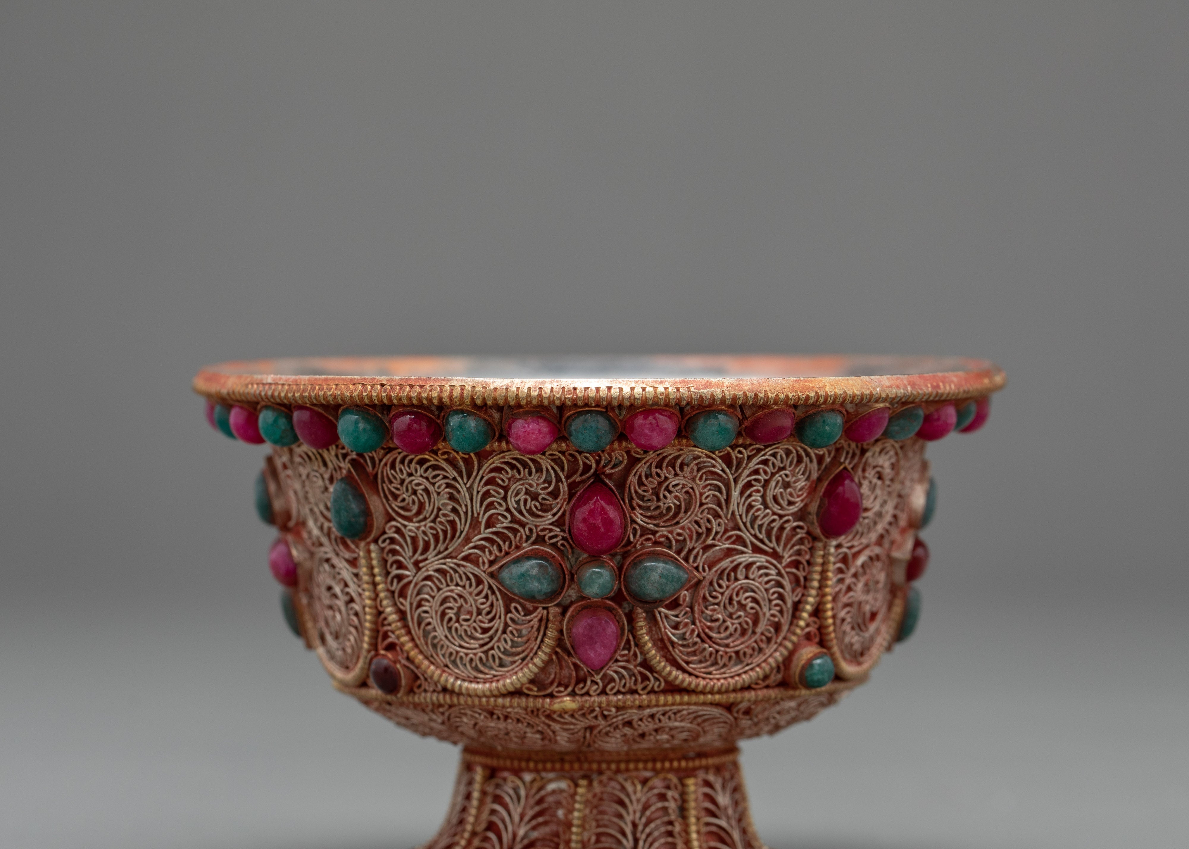 Water Purification Bowl | Copper Handmade Filigree with Semi-precious Stone Inlays | Ritual Item