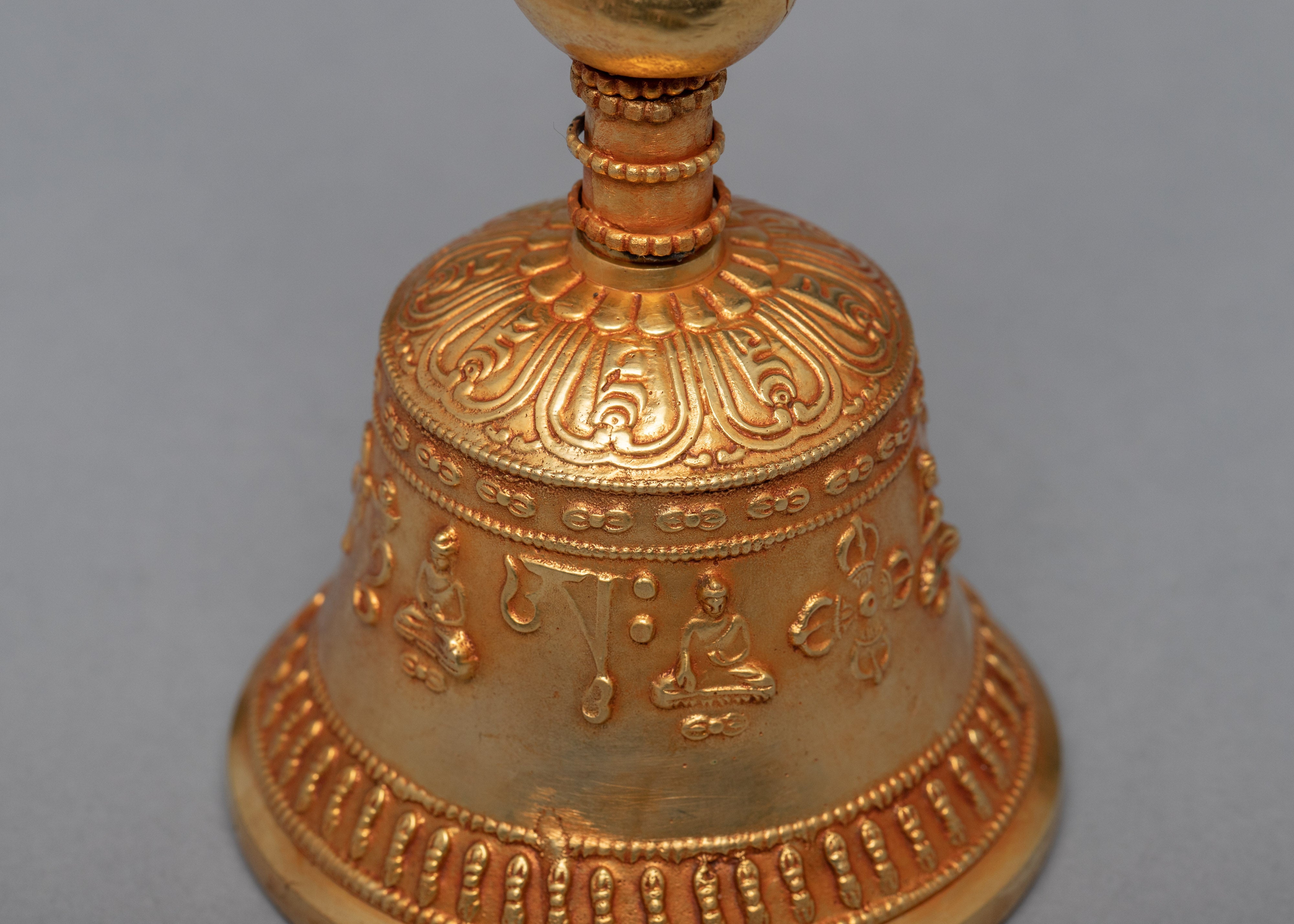 Tibetan Jeweled Bell With Half Vajra | Gold Plated Copper Body Bell | Ritual Objects