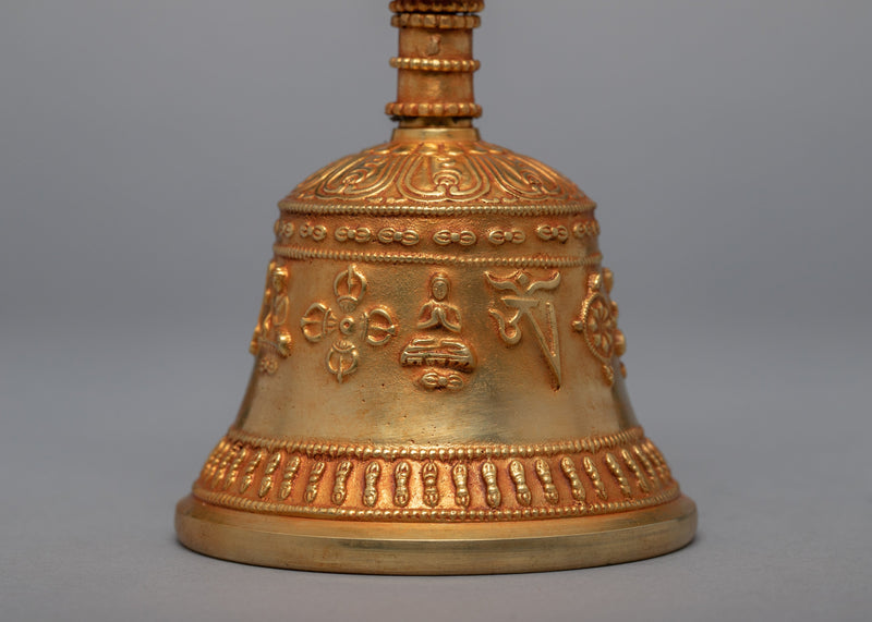 Tibetan Jeweled Bell With Half Vajra | Gold Plated Copper Body Bell | Ritual Objects