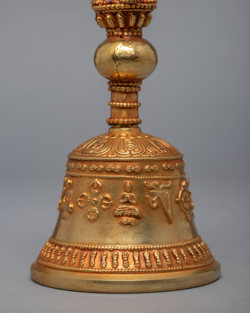 Tibetan Jeweled Bell With Half Vajra | Gold Plated Copper Body Bell | Ritual Objects