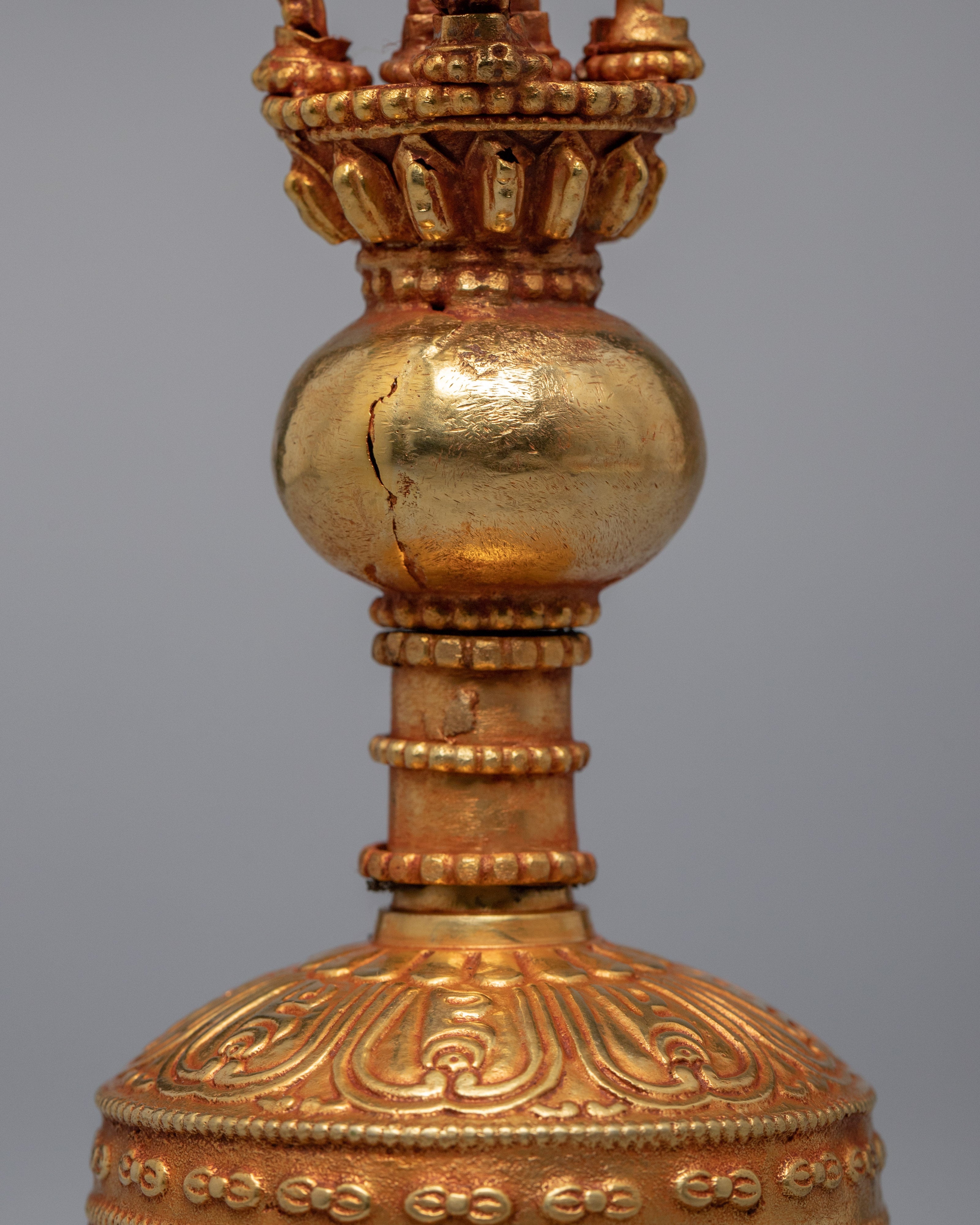 Tibetan Jeweled Bell With Half Vajra | Gold Plated Copper Body Bell | Ritual Objects