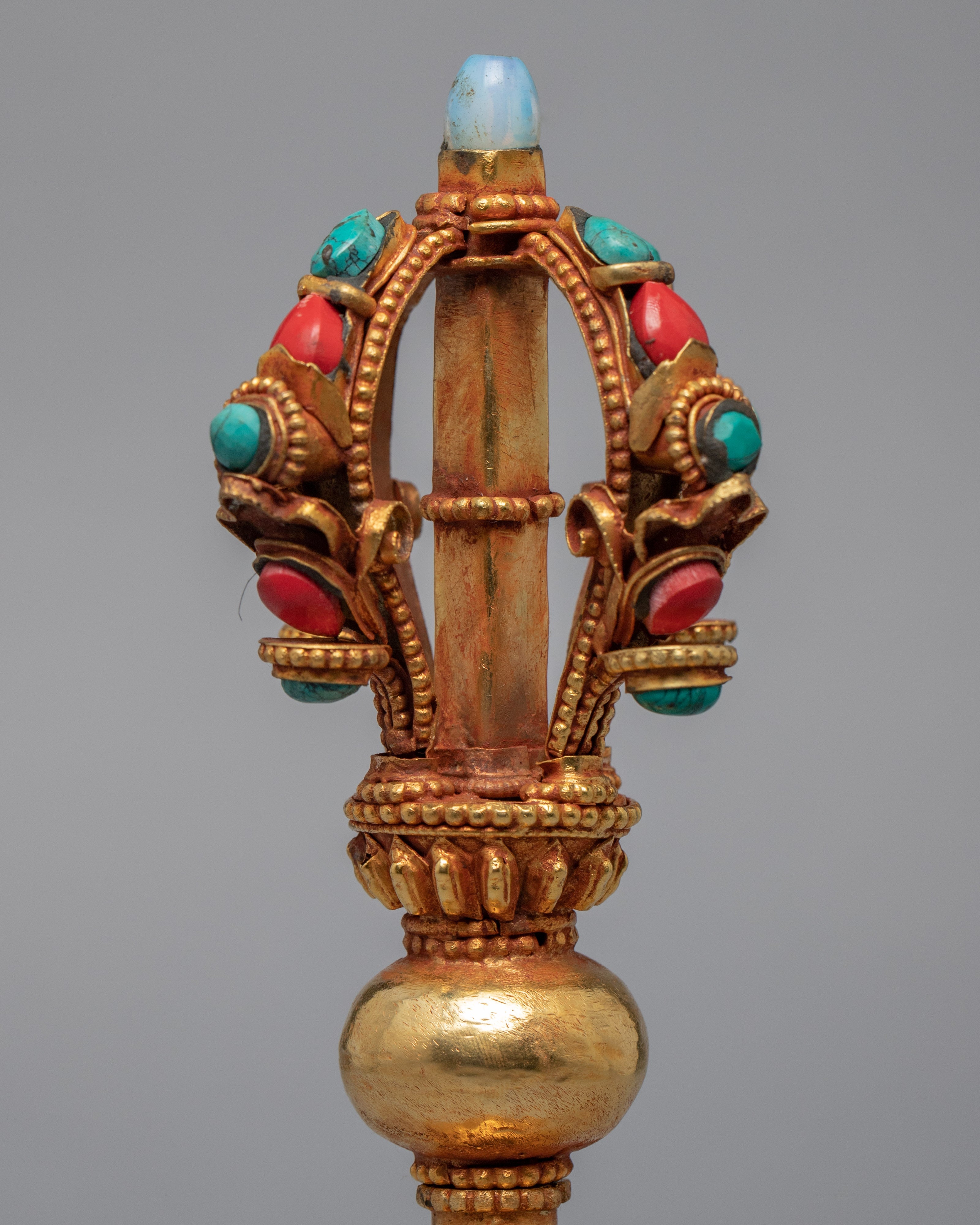 Tibetan Jeweled Bell With Half Vajra | Gold Plated Copper Body Bell | Ritual Objects
