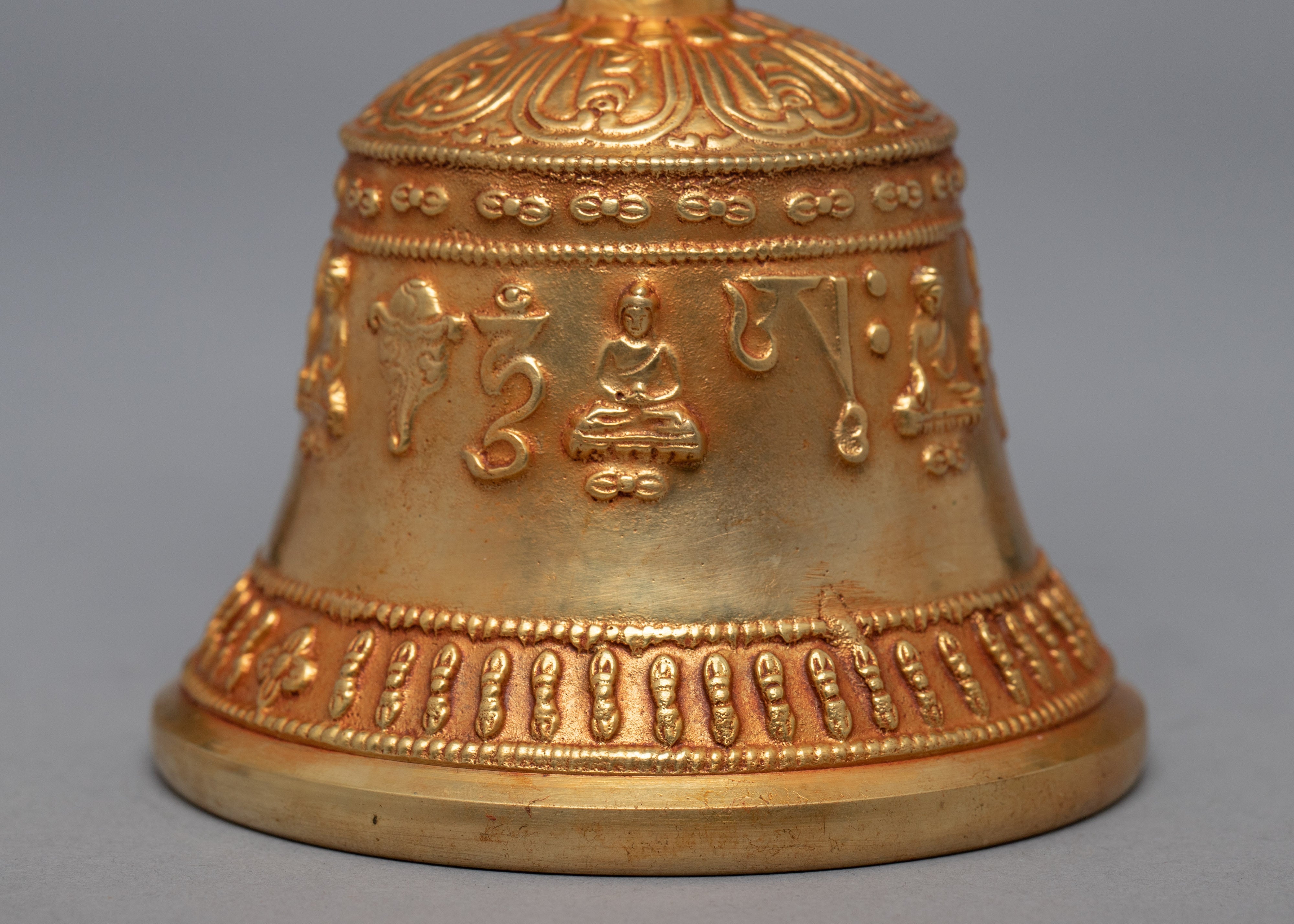 Tibetan Jeweled Bell With Half Vajra | Gold Plated Copper Body Bell | Ritual Objects