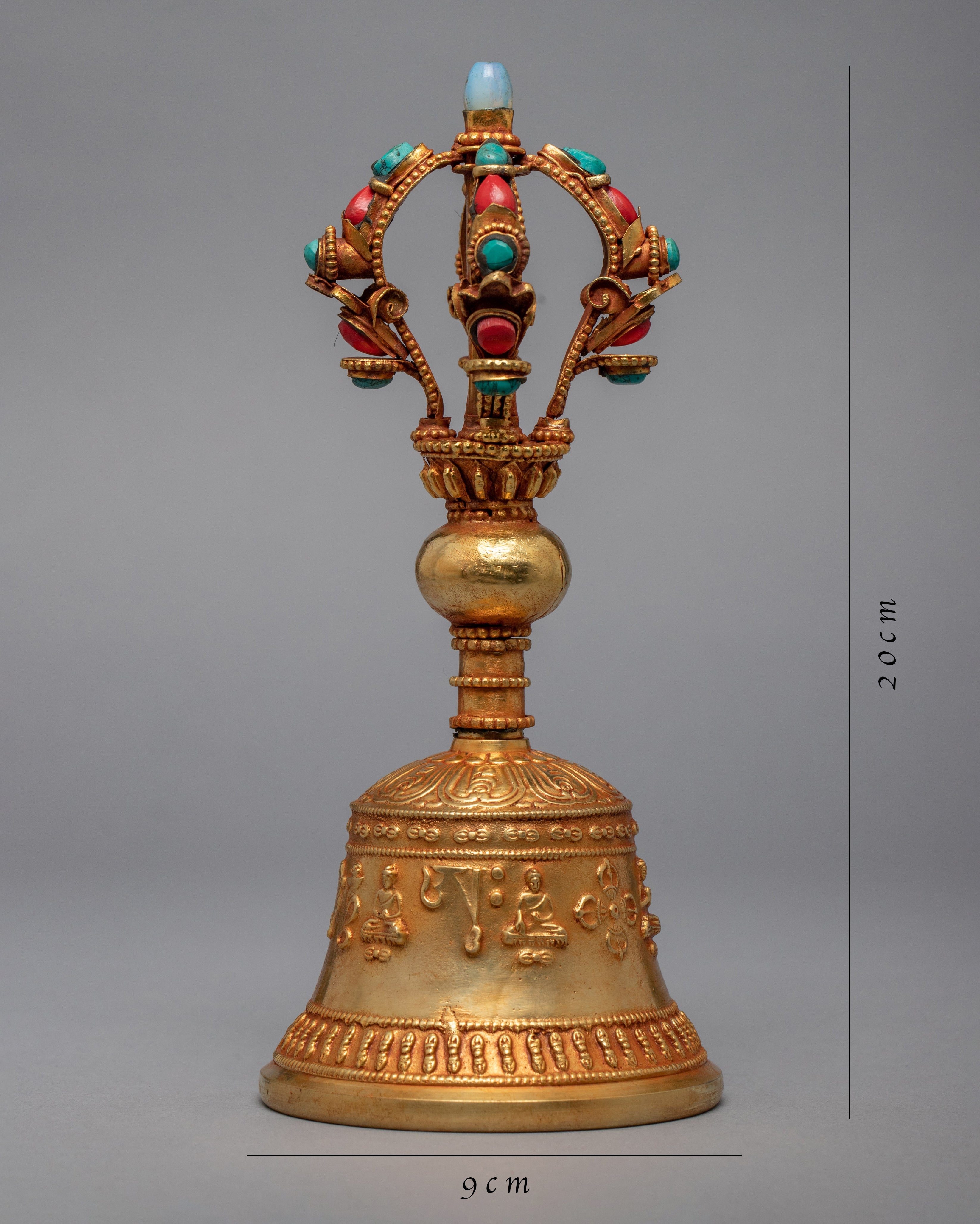 Tibetan Jeweled Bell With Half Vajra | Gold Plated Copper Body Bell | Ritual Objects