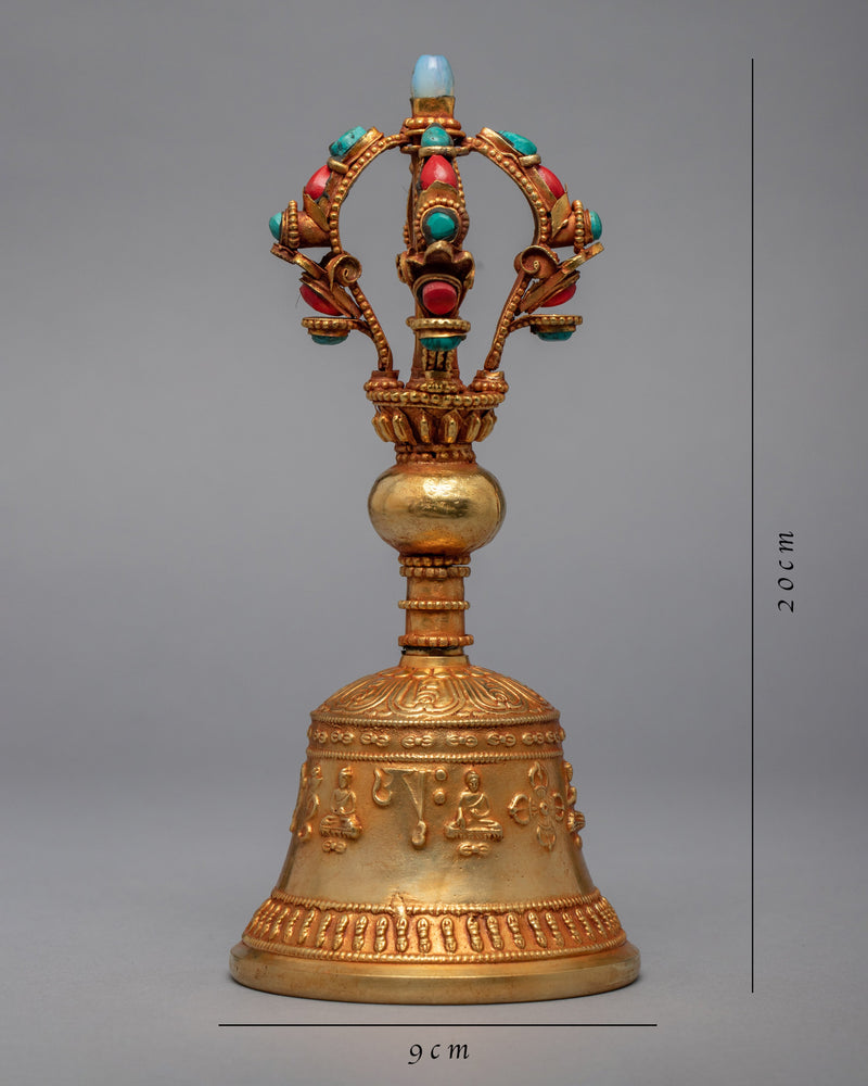 Tibetan Jeweled Bell With Half Vajra | Gold Plated Copper Body Bell | Ritual Objects