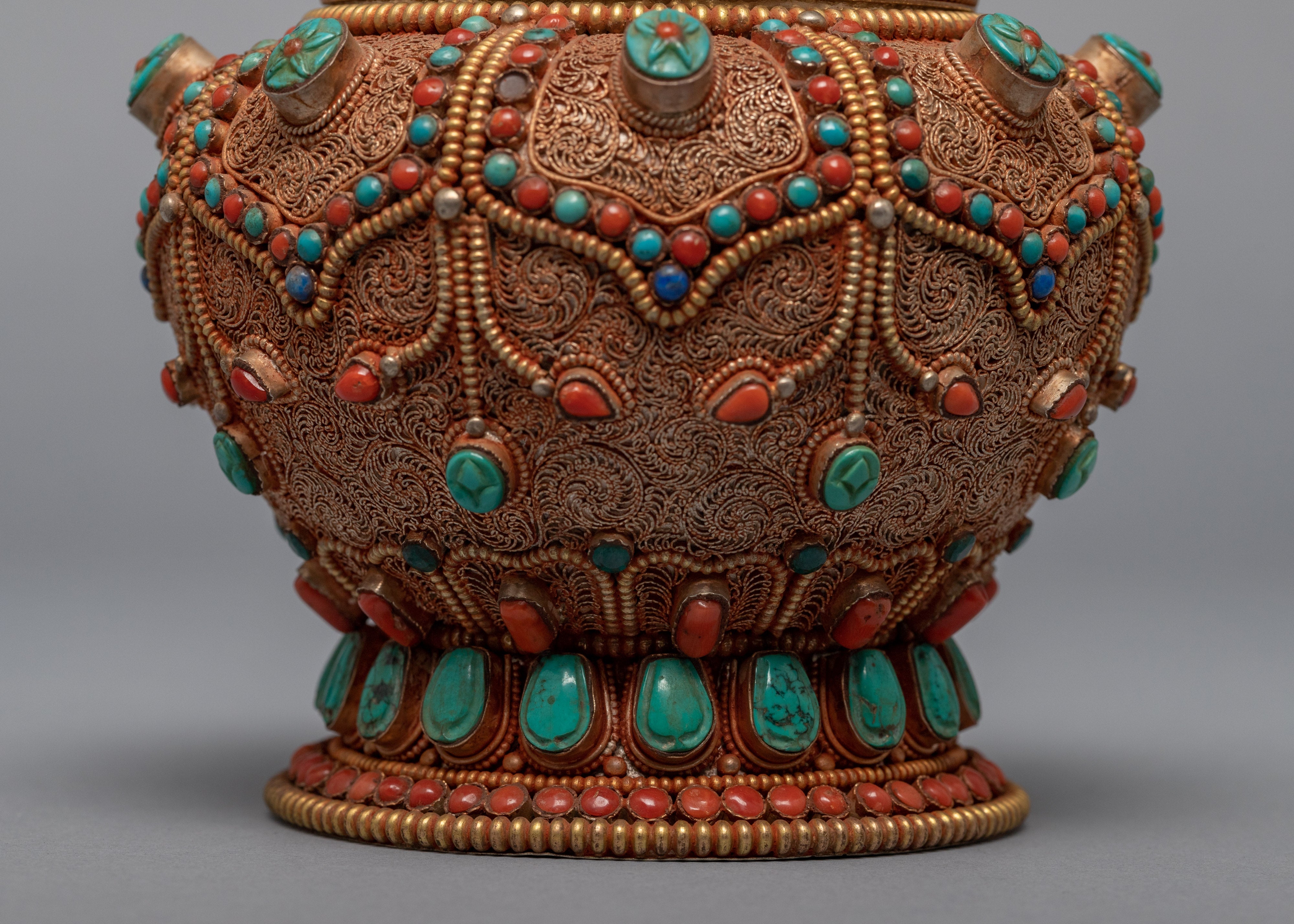 Gulpa Filigree Embed Turquoise, Red Coral, Lapis & Gem Stones | Buddhist Tank Jar