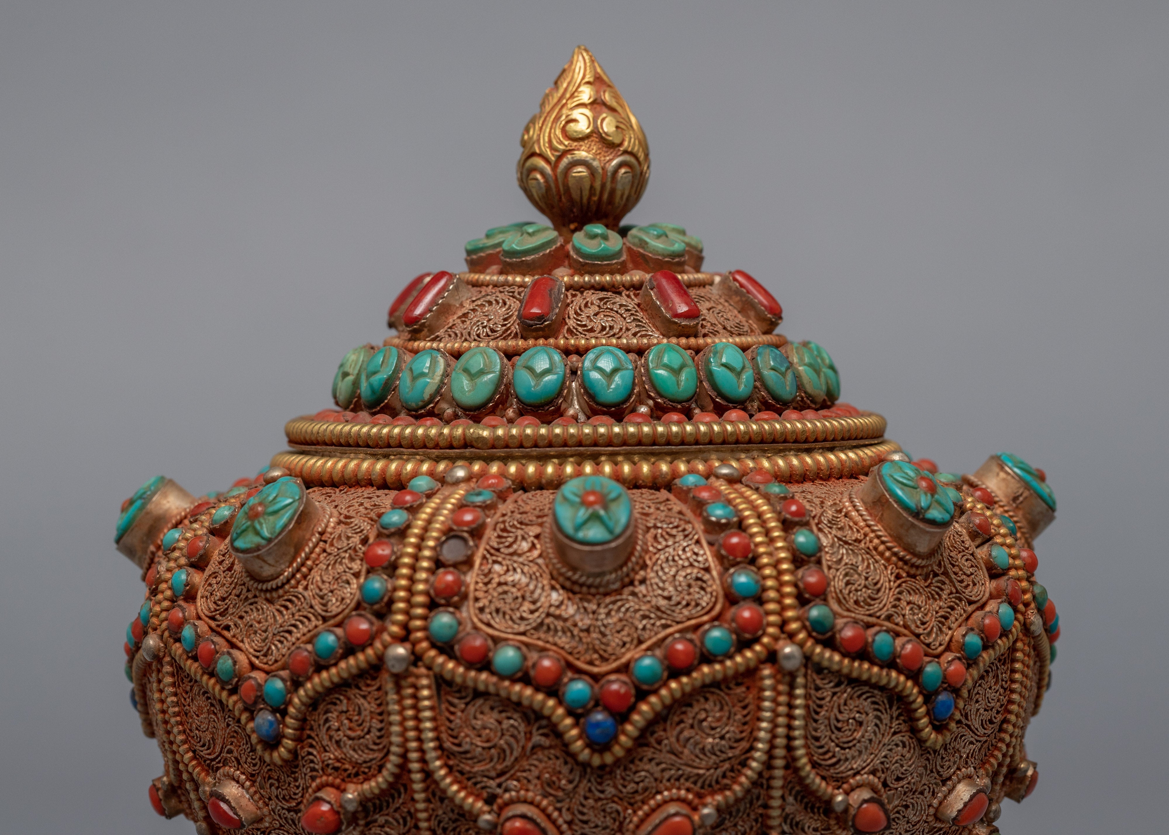 Gulpa Filigree Embed Turquoise, Red Coral, Lapis & Gem Stones | Buddhist Tank Jar