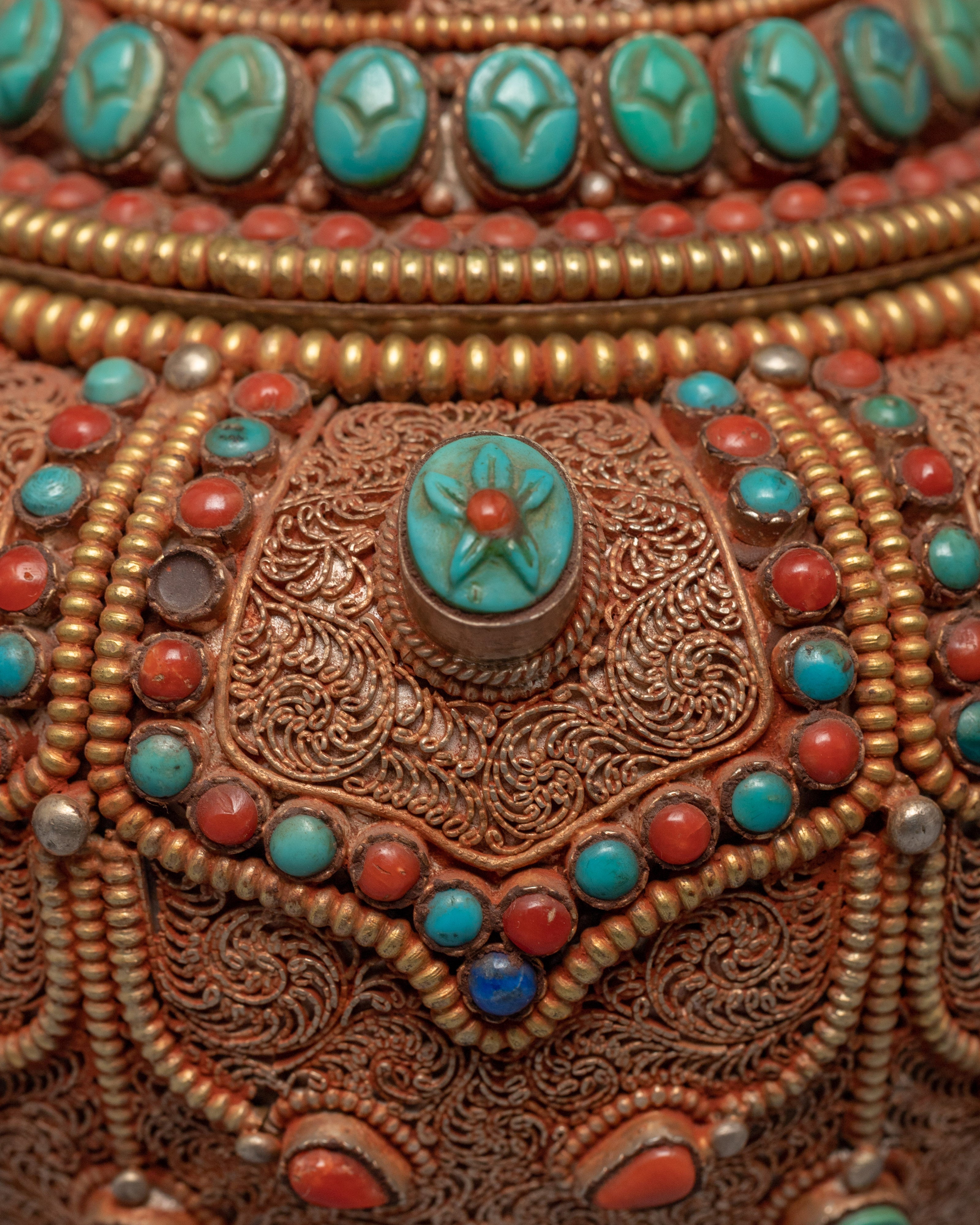 Gulpa Filigree Embed Turquoise, Red Coral, Lapis & Gem Stones | Buddhist Tank Jar