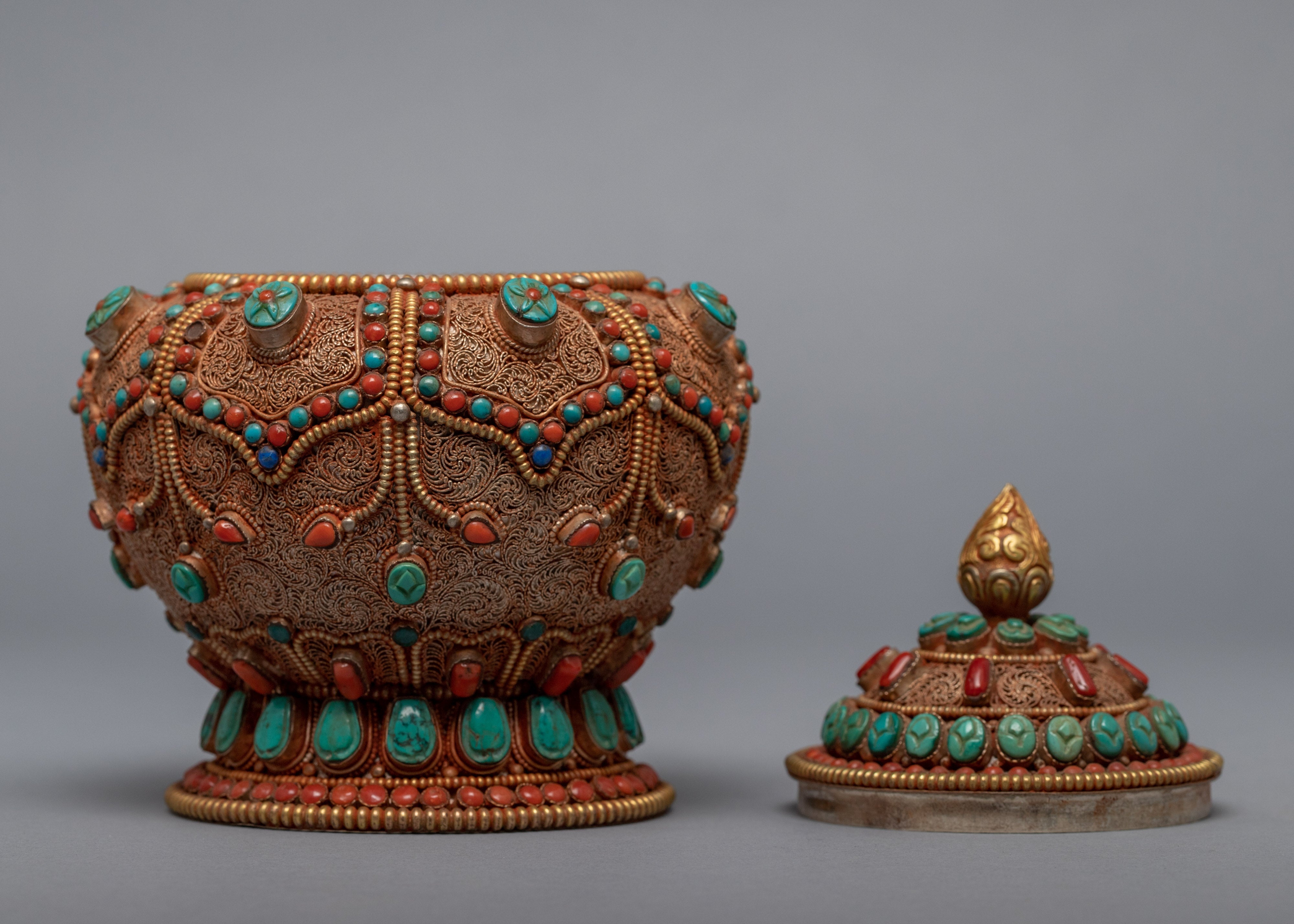 Gulpa Filigree Embed Turquoise, Red Coral, Lapis & Gem Stones | Buddhist Tank Jar